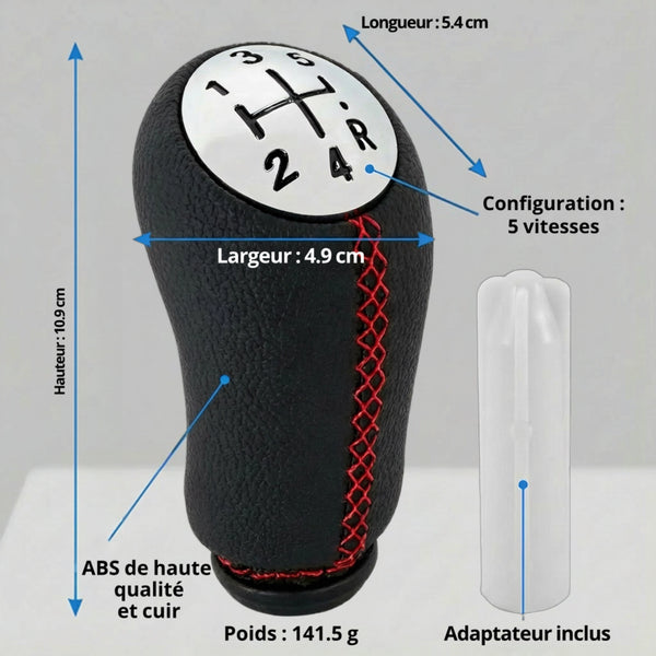 Pommeau de vitesse clio 3 - 5 vitesses - Couture rouge - vue de face