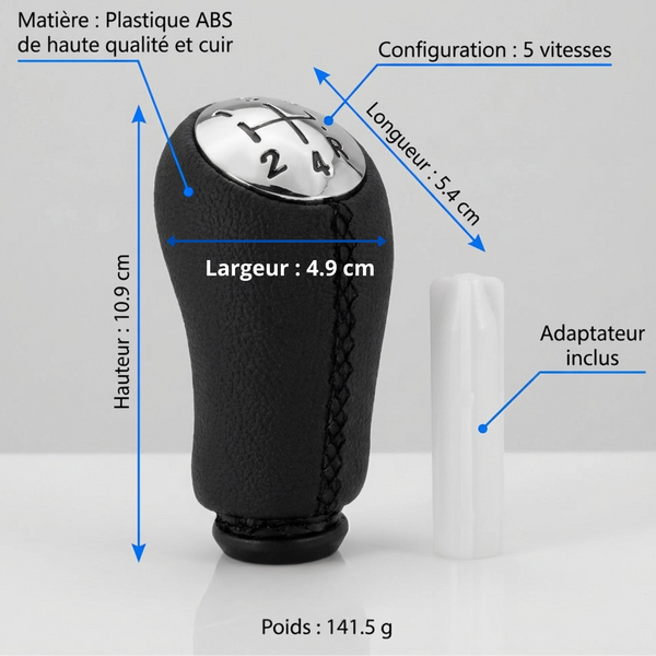 Pommeau de vitesse clio 3 - 5 vitesses - Couture noire - vue de face