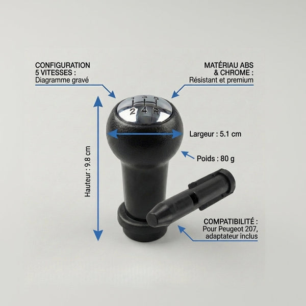 Pommeau de vitesse 207 - 5 vitesses - Noir & Alu - vue de face