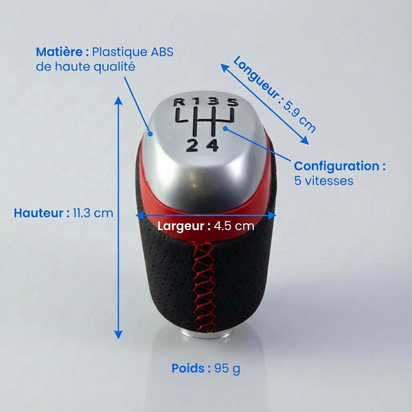 Pommeau de vitesse clio 4 - 5 vitesses - Noir et rouge - vue de face