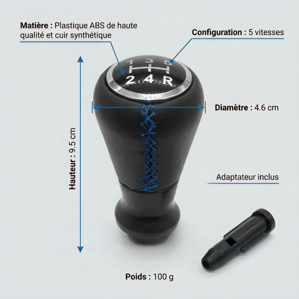 Pommeau de vitesse c3 - 5 vitesses - Noir & Couture bleu - vue de face