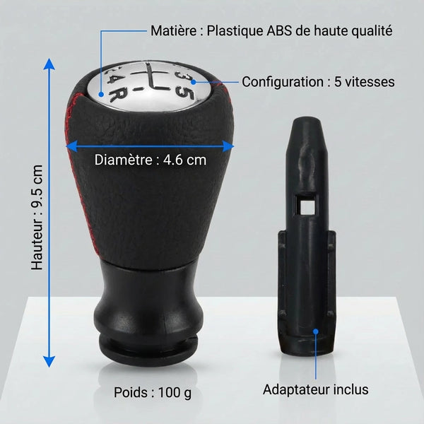 Pommeau de vitesse c3 - 5 vitesses - Noir & Couture rouge - vue de face