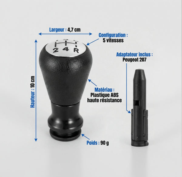 Pommeau de vitesse 207 - 5 vitesses - noir & chrome - vue de face