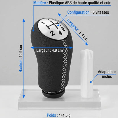 Pommeau de vitesse clio 3 - 5 vitesses - Couture blanche - vue de face